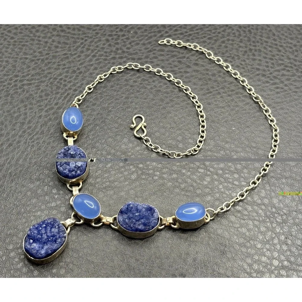 Ethnic Boho Style Silver Tone Faux Chalcedony Statement Necklace Pendant Drop